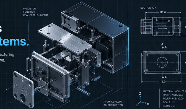Exploded mechanical assembly with orthographic views, dimensions, and coordinate axes